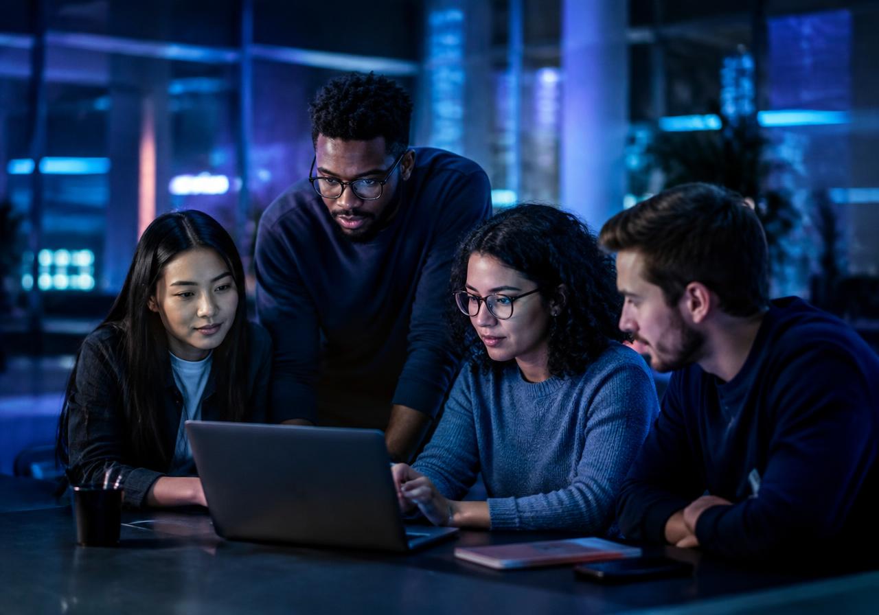 A tech team reviewing work together on a laptop