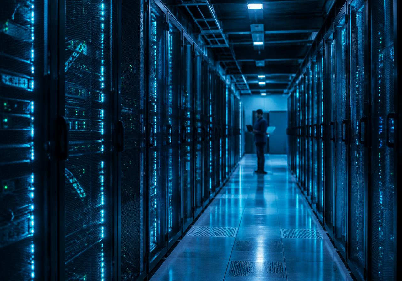 An engineer working in a server room lit in blue